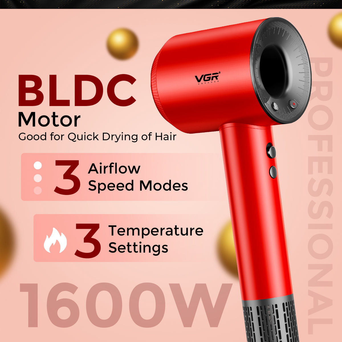 VGR V-445 Professional Hair Dryer For Women with Cool Shot, Overheating Protection, Red
