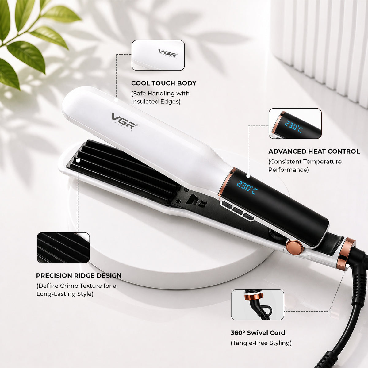 VGR V-519C Professional Hair Crimper For Women with 7 Heat Settings, White