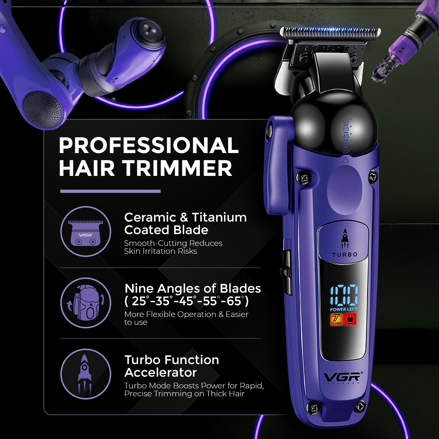 VGR V-274 Professional Hair Trimmer with Ceramic-Titanium Blades & Turbo Function