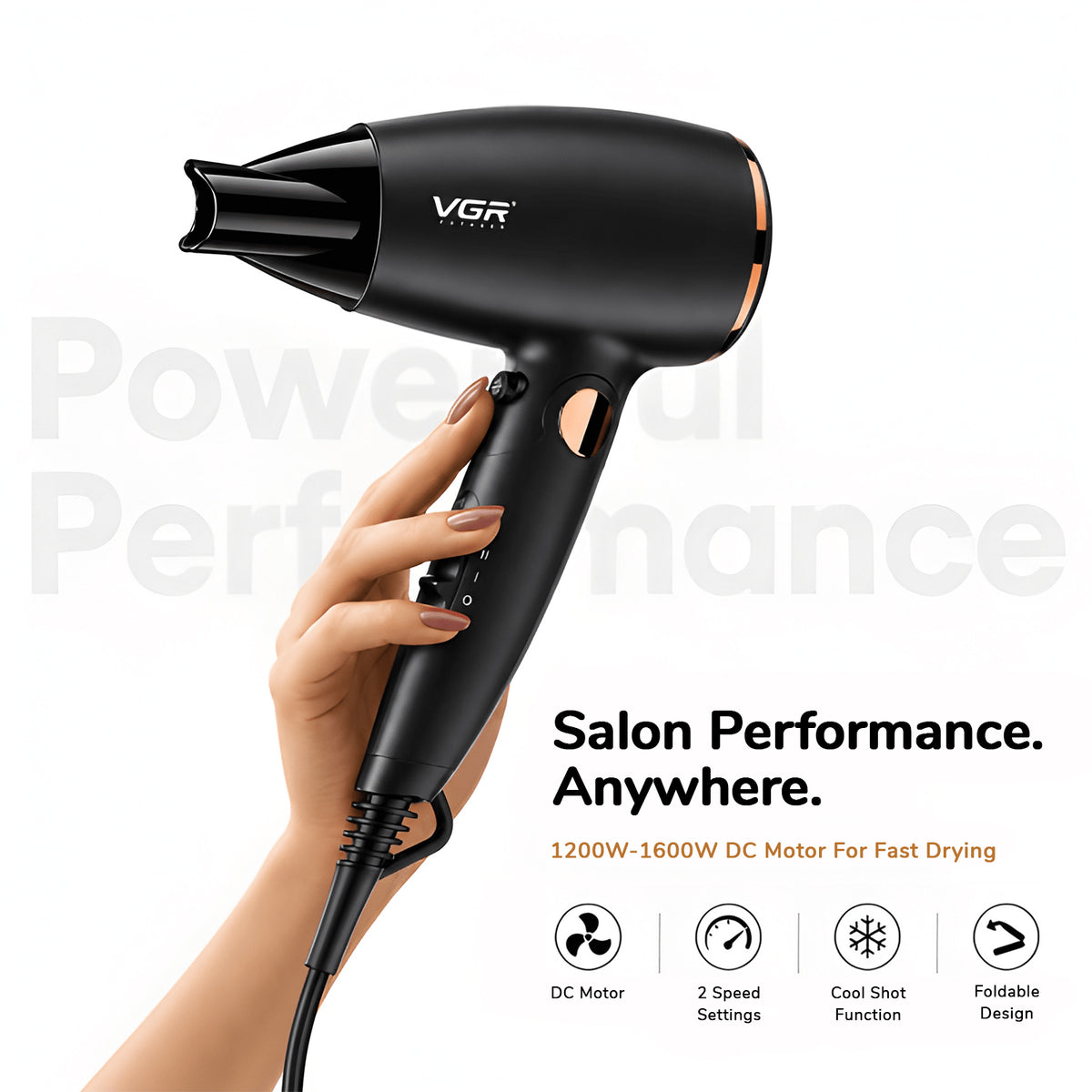 VGR V-439 Professional Hair Dryer For Women with 2 Speed Settings, Cool Shot, Black