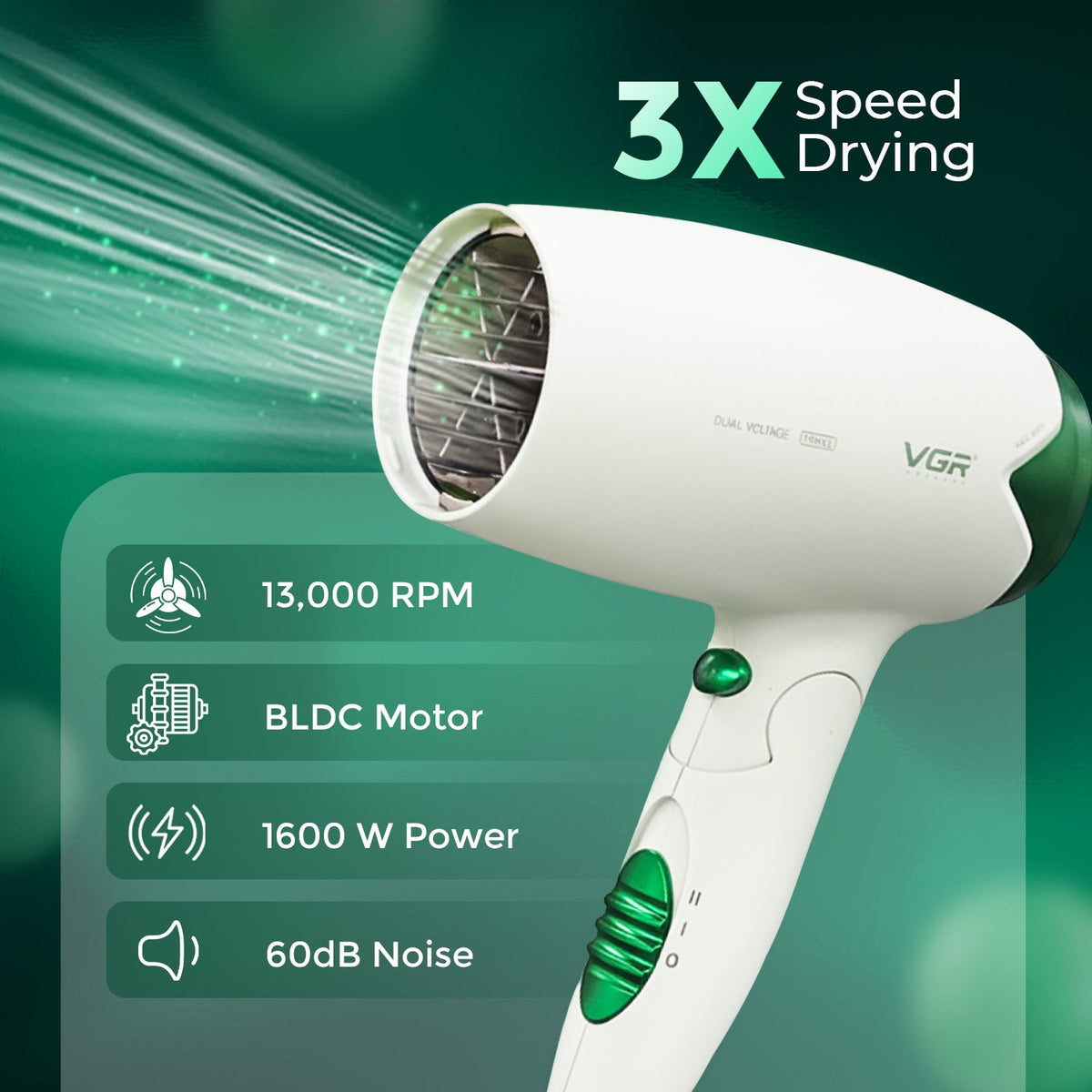 VGR V-428 Foldable Hair Dryer For Women, 2 Speed Settings, Cool Shot, Green