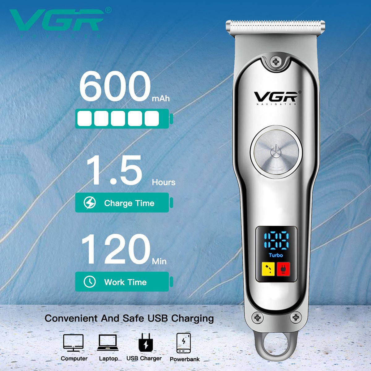 VGR V-290 Professional Hair Trimmer For Men with 120 Min Runtime, Silver