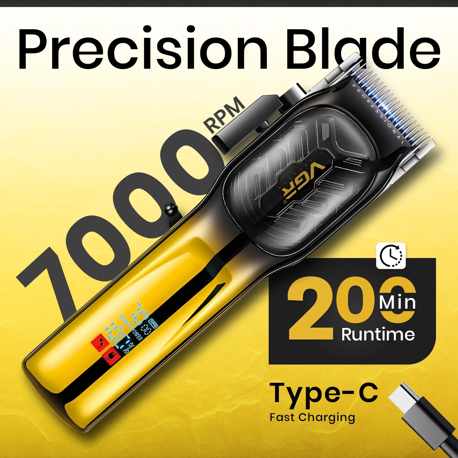 VGR V-654 Professional Hair Clipper with 200-Minute Runtime, LED Display, and 6 Guide Combs, 7000RPM DC MOTOR , Yellow