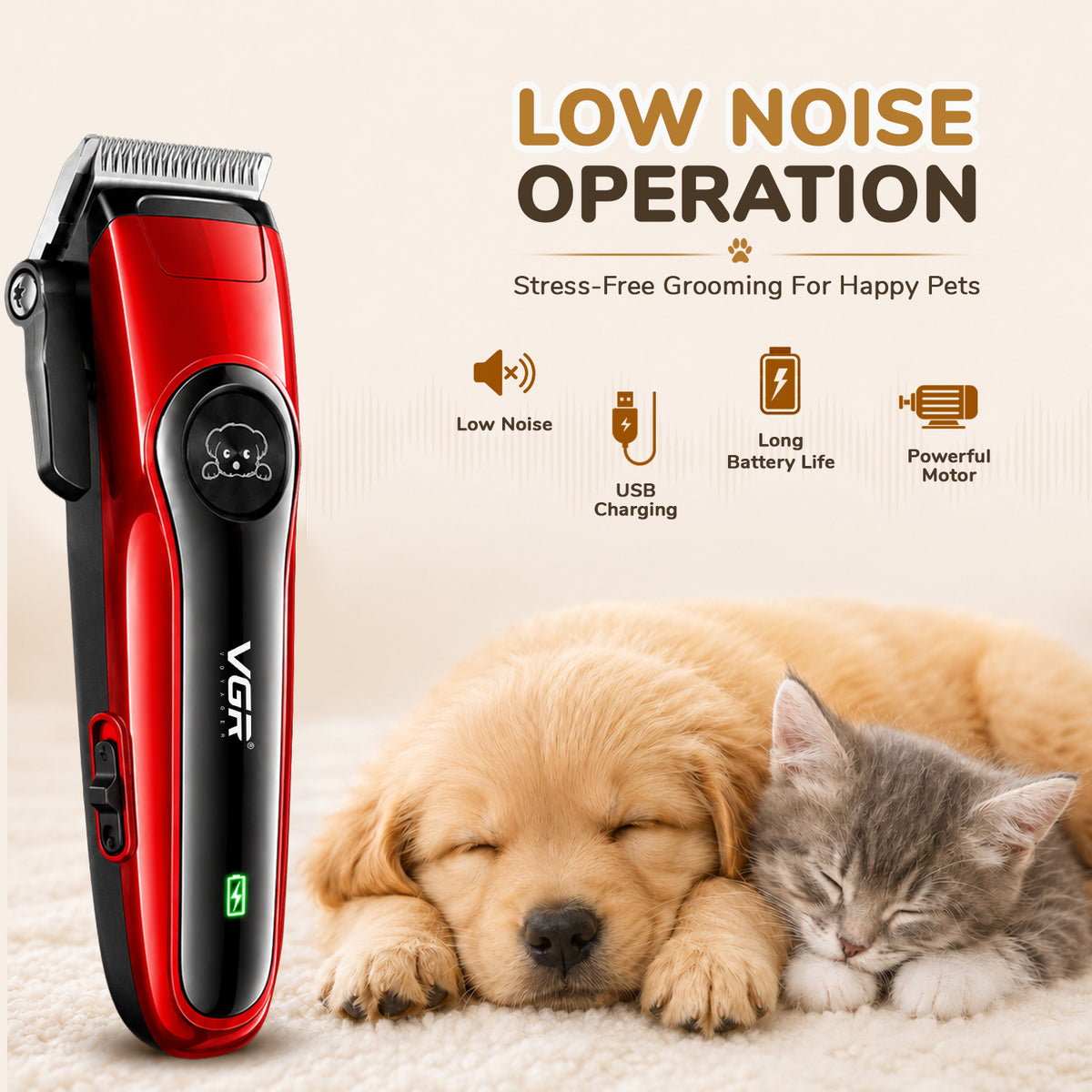 VGR V-202 Professional Pet Clipper with 150 Min Runtime, Red