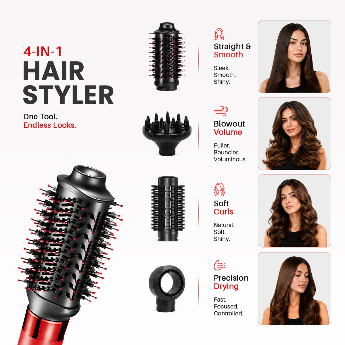 VGR Professional 4-in-1 Hot Air Brush with 20000 RPM and 1000-1100W, Red & Black (V-484)