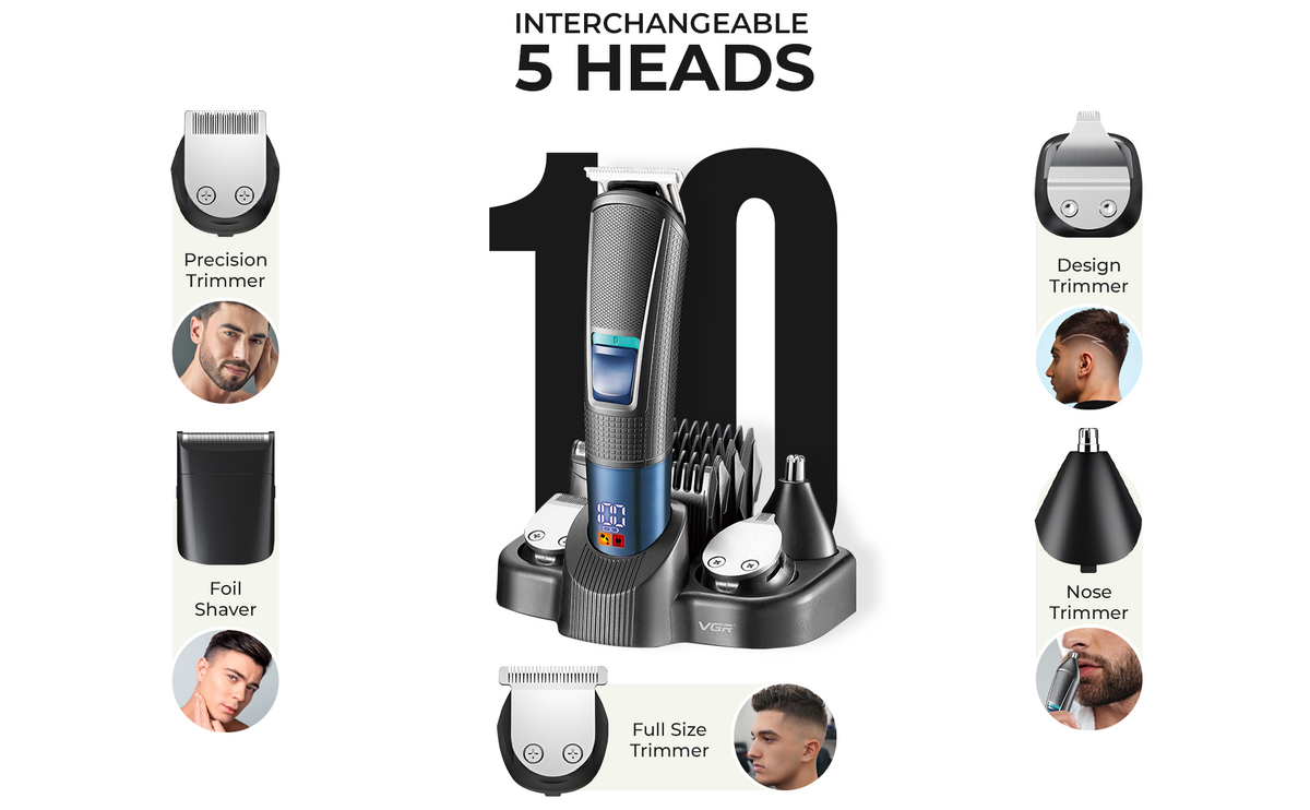 VGR V-108 Professional 10-in-1 Men’s Grooming Kit with 120 min Runtime, Black & Blue