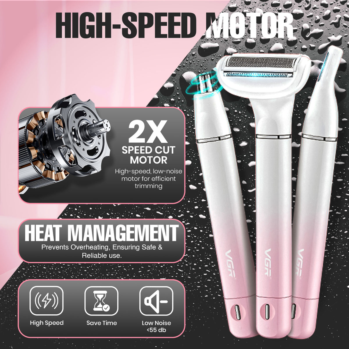 VGR V-611 Professional 3-IN-1 Lady Shaver Set, Shaver For Women (Pink)