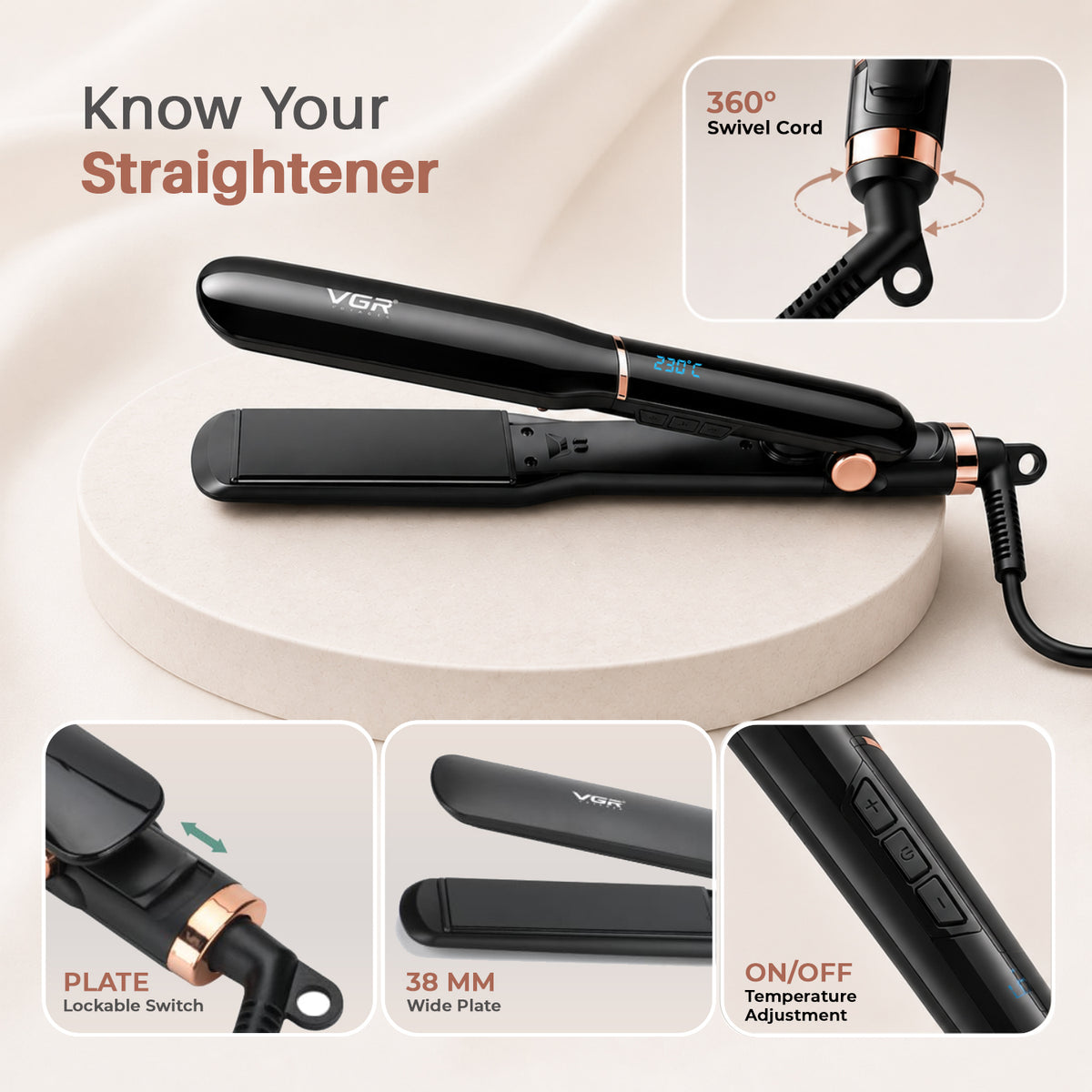 VGR V-519 Professional Hair Straightener For Women with 450°F Max Heat, 38mm Ceramic Plates, Black