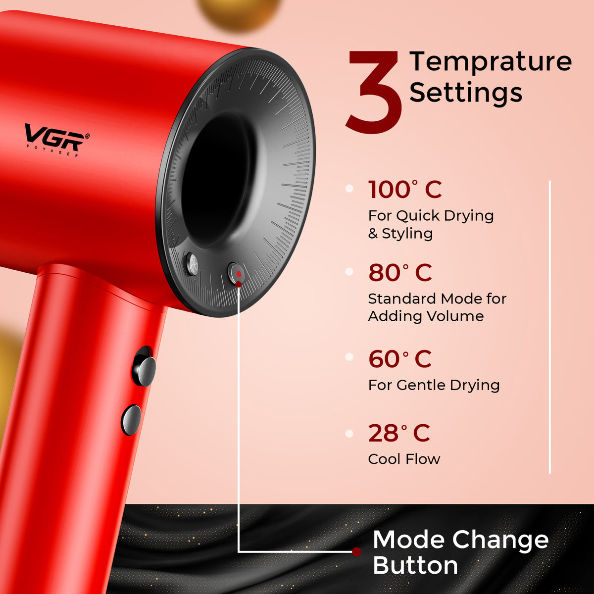 VGR V-445 Professional Hair Dryer For Women with Cool Shot, Overheating Protection, Red