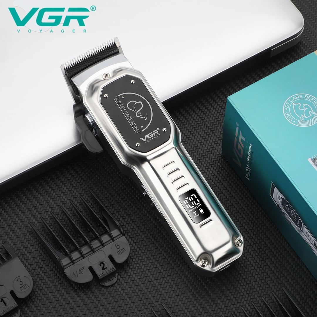 VGR V-201 Professional Pet Clipper - Turbo Function, LED Display, Ceramic & Stainless Steel Blades, 2000mAh Battery, 4 Guide Combs, USB Charging, 200-Minute Runtime with 1 Year Warranty (Silver)