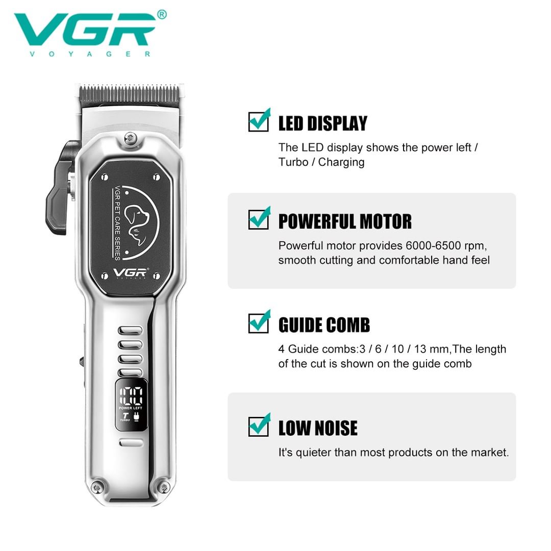 VGR V-201 Professional Pet Clipper - Turbo Function, LED Display, Ceramic & Stainless Steel Blades, 2000mAh Battery, 4 Guide Combs, USB Charging, 200-Minute Runtime with 1 Year Warranty (Silver)