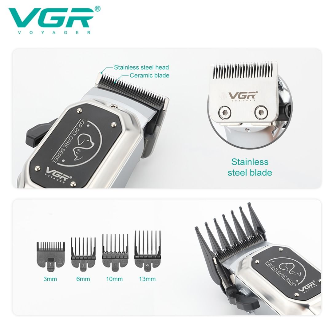 VGR V-201 Professional Pet Clipper - Turbo Function, LED Display, Ceramic & Stainless Steel Blades, 2000mAh Battery, 4 Guide Combs, USB Charging, 200-Minute Runtime with 1 Year Warranty (Silver)