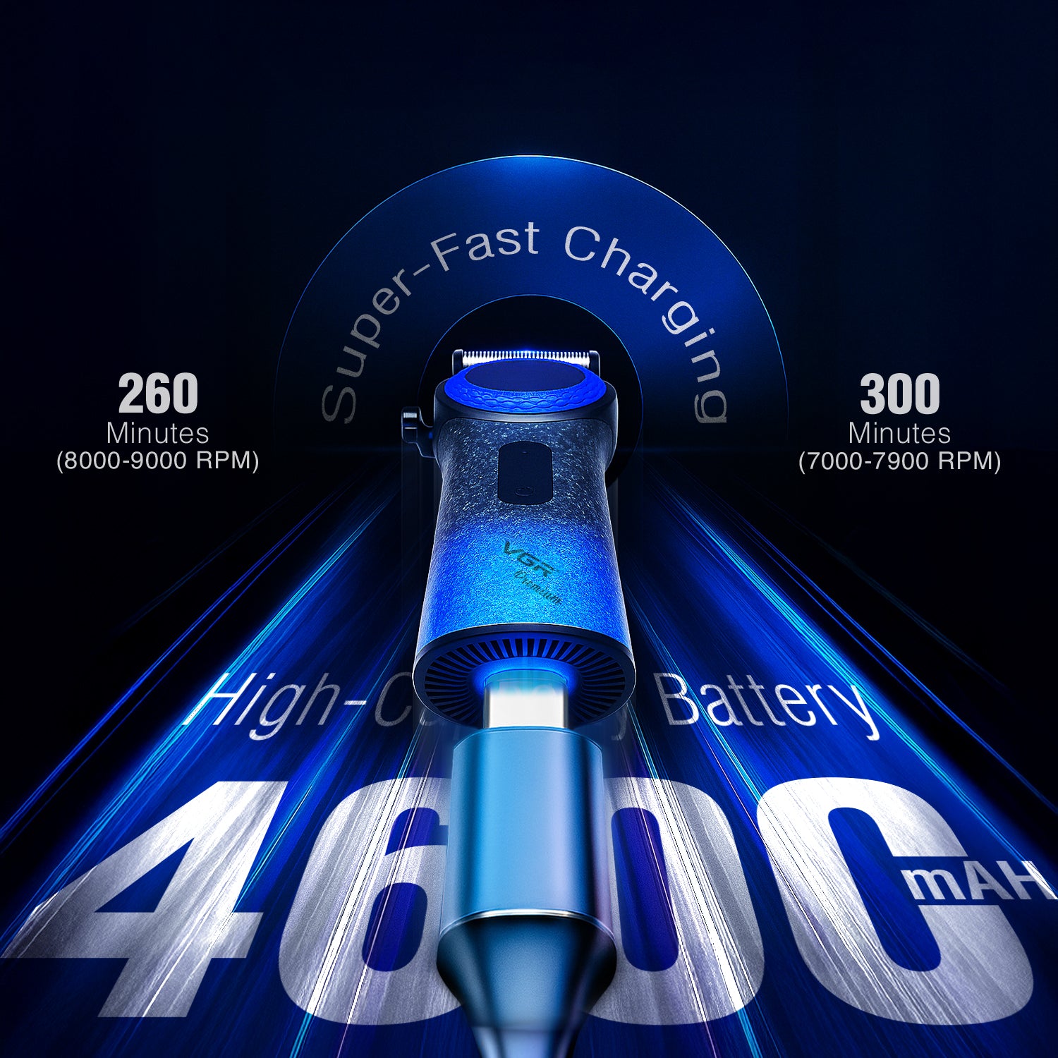 VGR V-001 Professional Hair Clipper for Men, Ceramic and DLC Coated Blade, 21-Speed 7000-9000 RPM, LED Display, 260 Min Runtime, Type-C Charging, Charging Stand, Blue