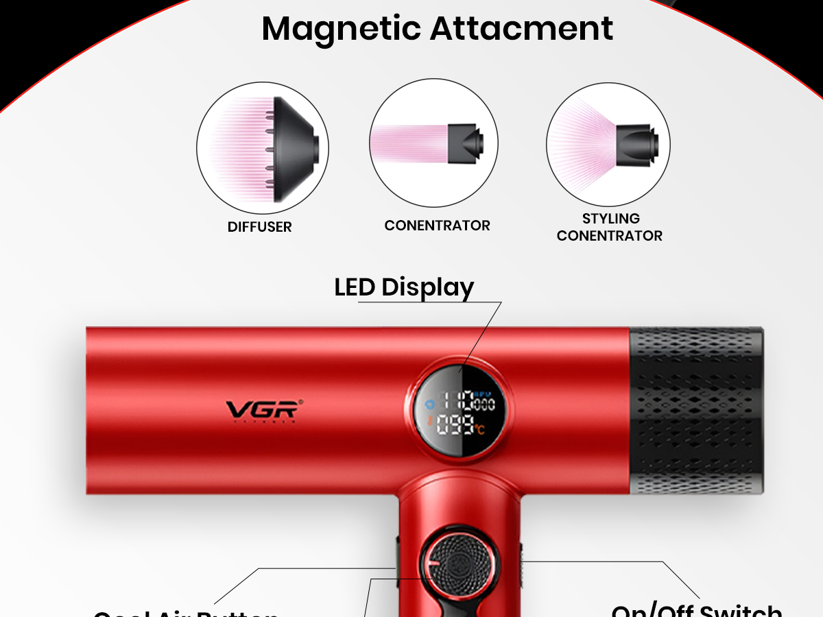 VGR V-401 Professional Hair Dryer For Salon & Men with 60-100°C Temperature Control, Red