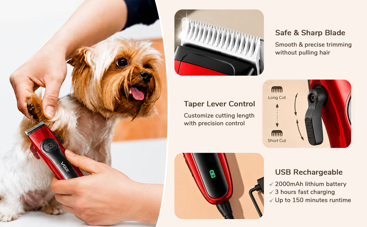 VGR V-202 Professional Pet Clipper with 150 Min Runtime, Red