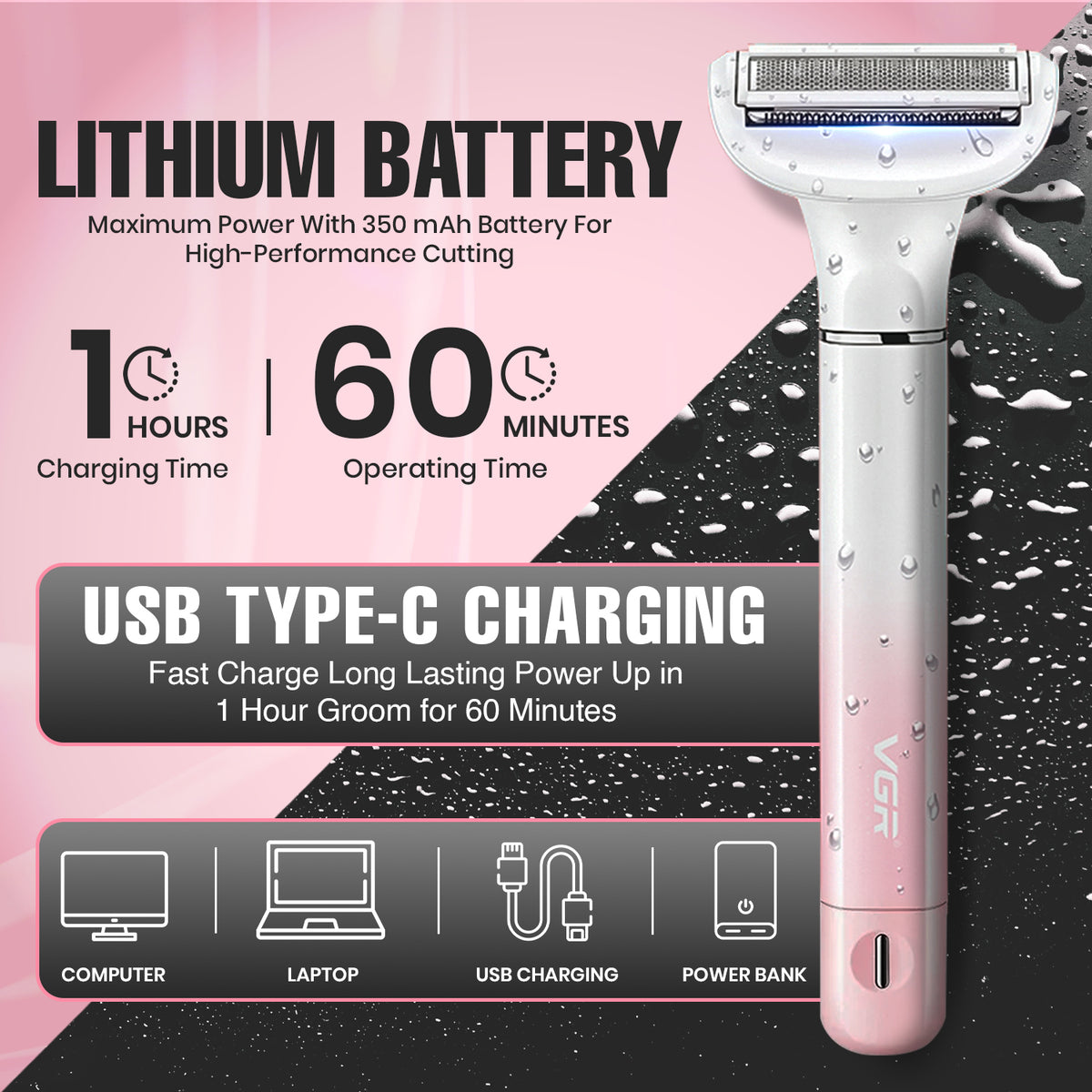 VGR V-611 Professional 3-IN-1 Lady Shaver Set, Shaver For Women (Pink)