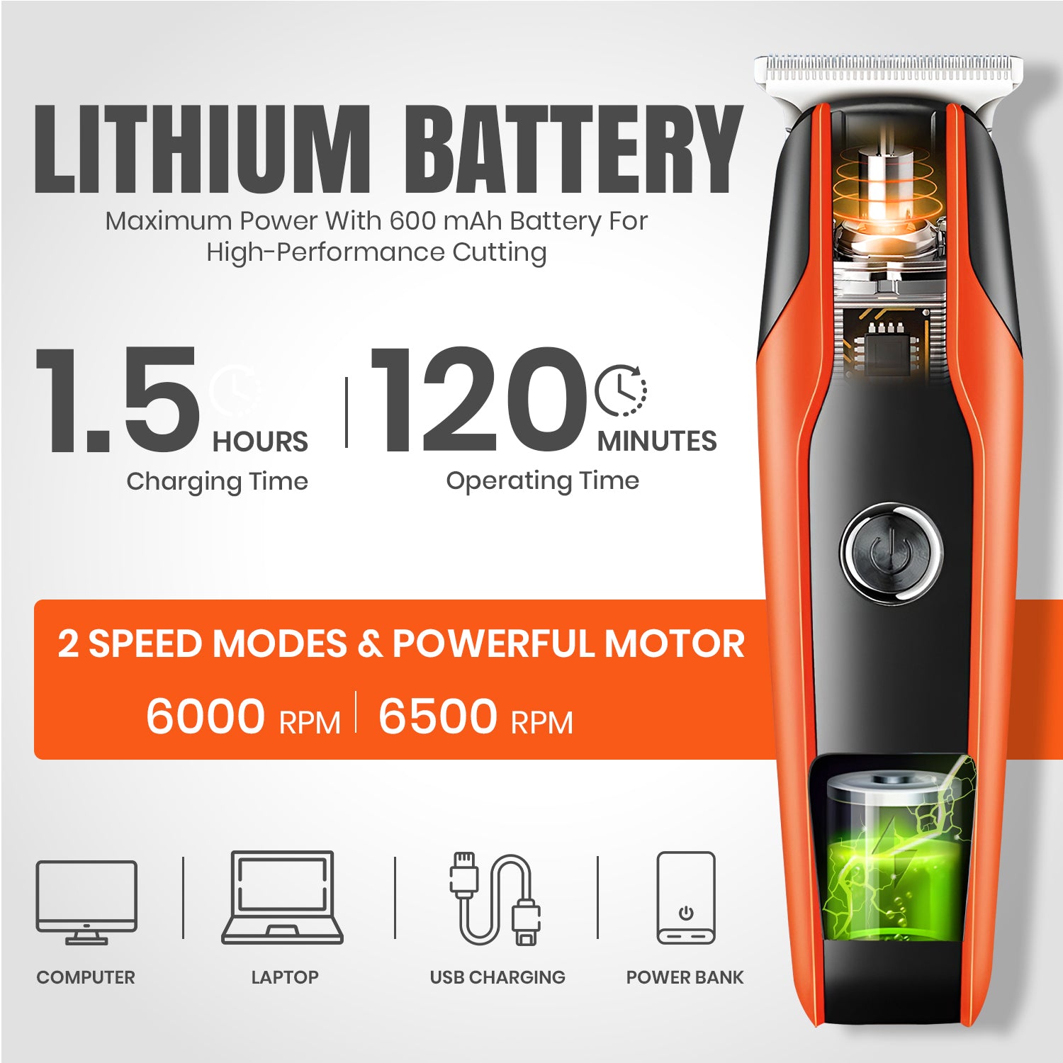 VGR V-999 Trimmer 120 min Runtime 4 Length Settings For Salon & Mens (Orange)