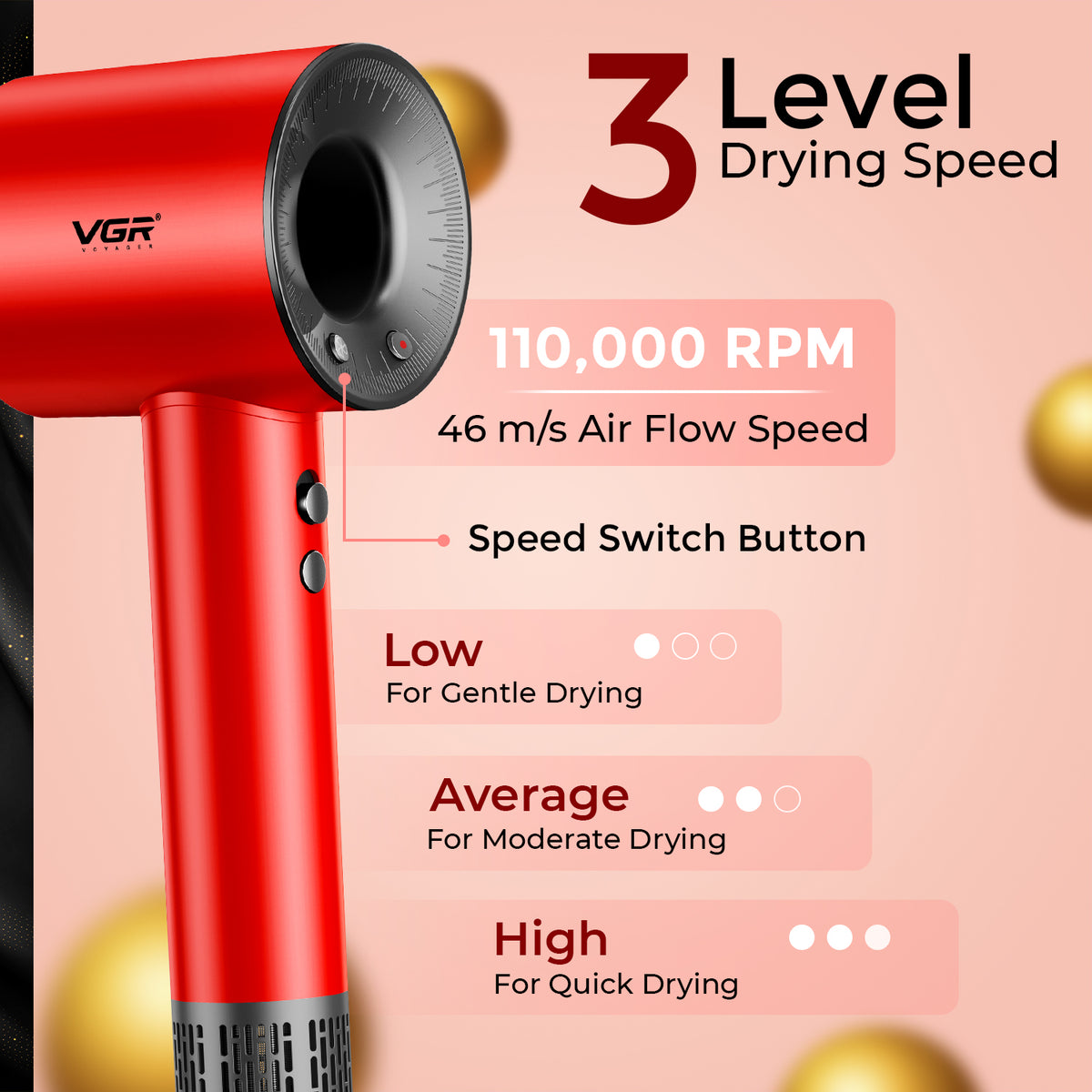 VGR V-445 Professional Hair Dryer For Women with Cool Shot, Overheating Protection, Red