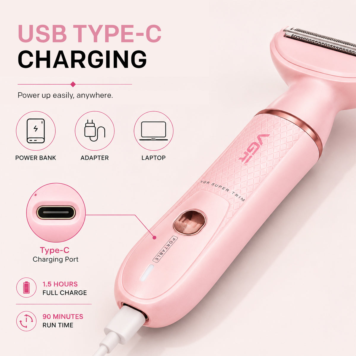 VGR V-761 Professional 4-in-1 Lady Shaver Set For Women, IPX5 Waterproof, 90 Min Runtime, Blue & Pink