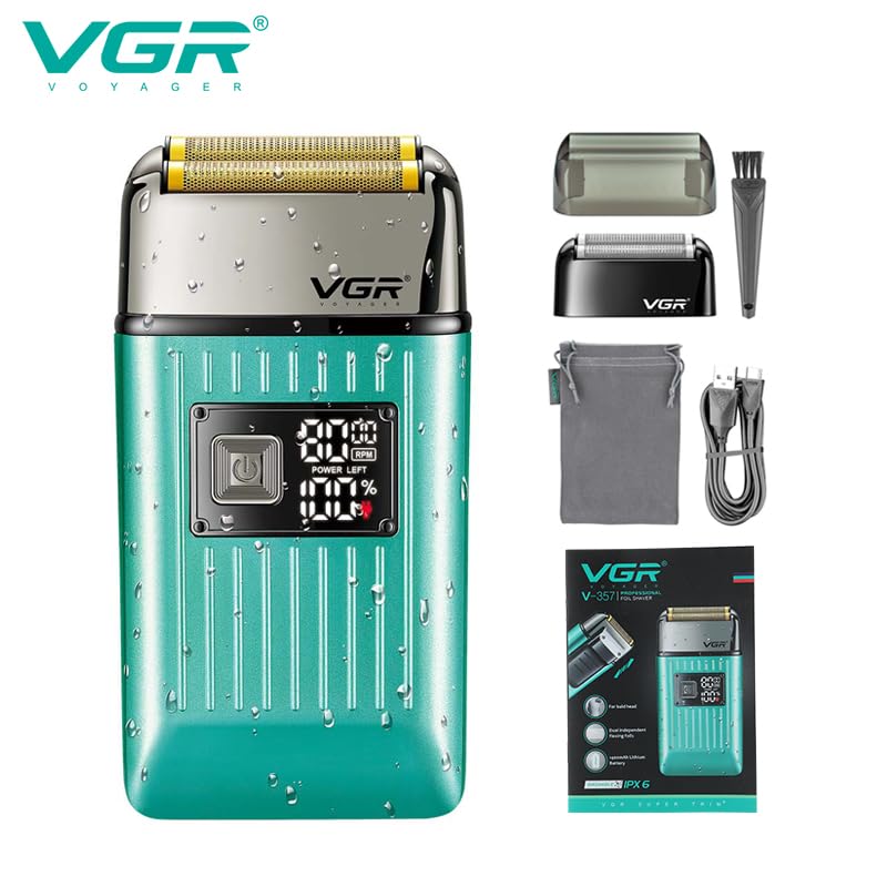 VGR V-357 Professional Foil Shaver for Men, Dual Flexing Foils, 1400mAh Battery, IPX-6 Waterproof, LED Display, Wet & Dry Use, Includes Extra Foils & Travel Pouch with 1 Year Warranty- Green