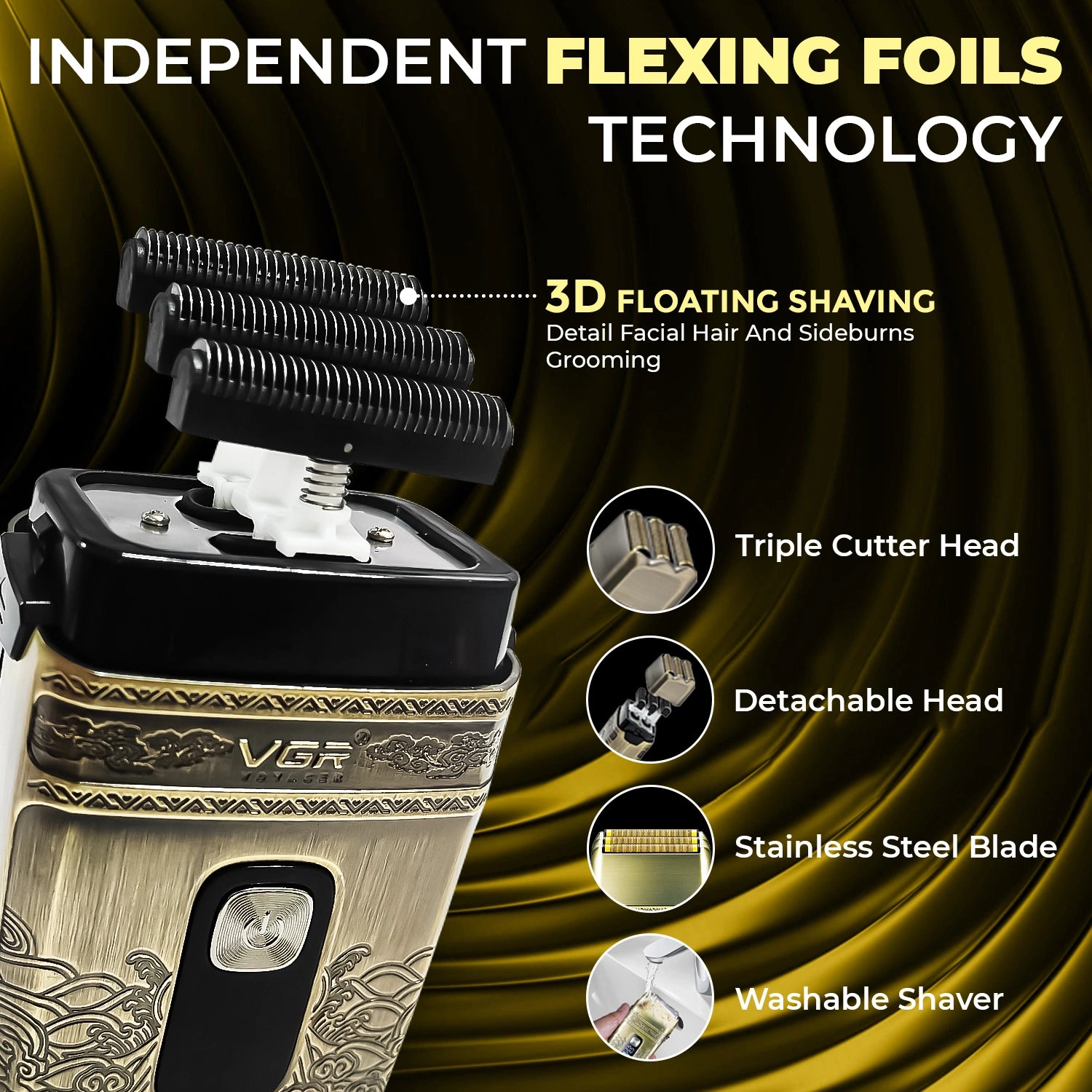 VGR V-335 Professional Pocket Size Foil Shaver for Men's (Gold)