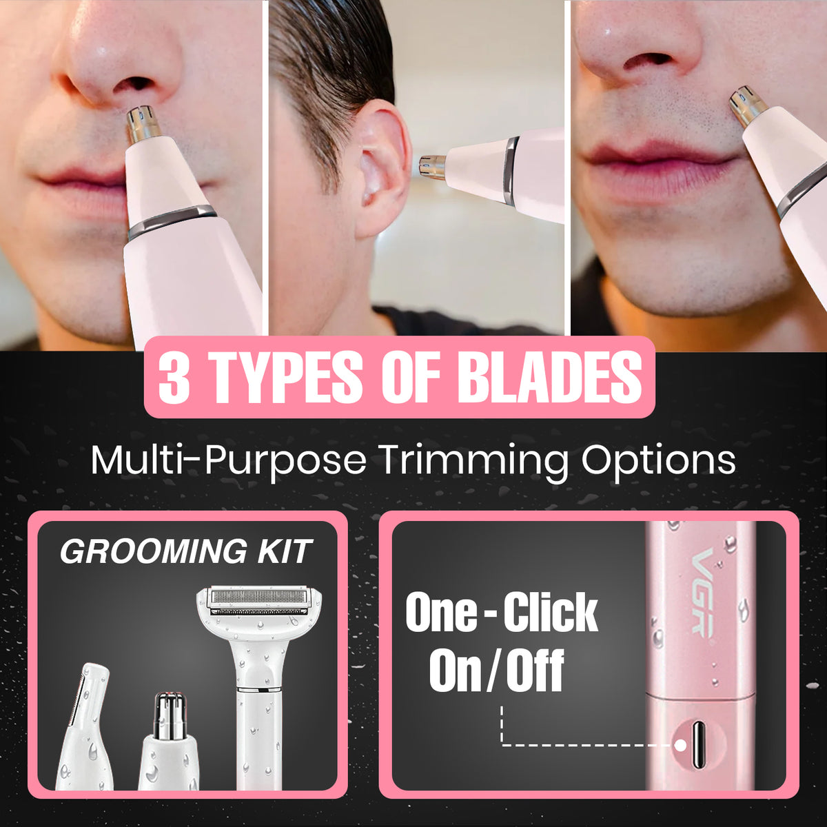 VGR V-611 Professional 3-IN-1 Lady Shaver Set, Shaver For Women (Pink)