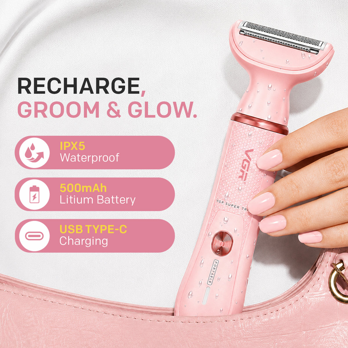 VGR V-761 Professional 4-in-1 Lady Shaver Set For Women, IPX5 Waterproof, 90 Min Runtime, Blue & Pink