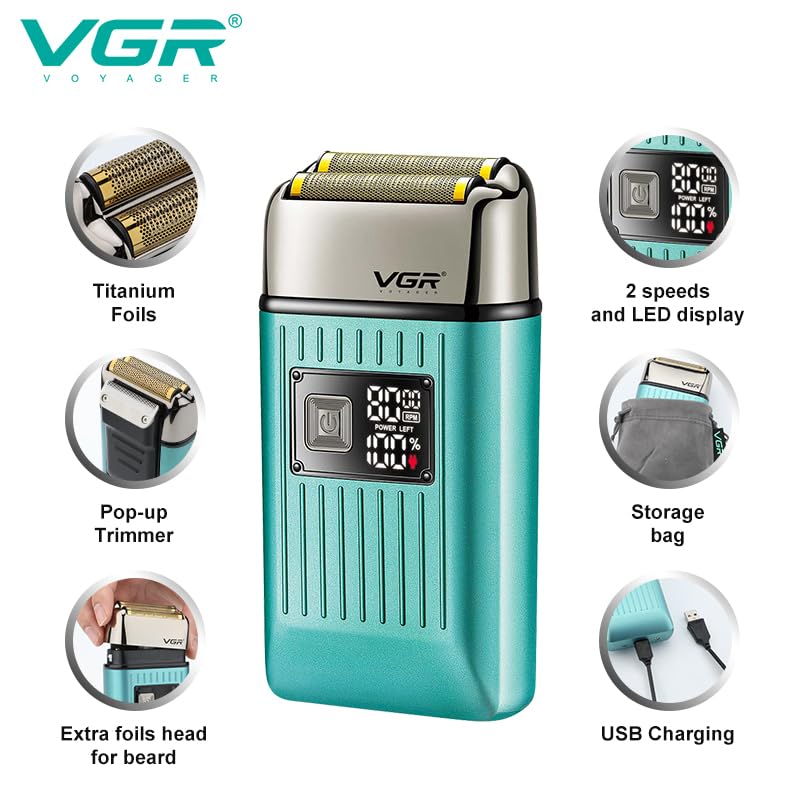 VGR V-357 Professional Foil Shaver for Men, Dual Flexing Foils, 1400mAh Battery, IPX-6 Waterproof, LED Display, Wet & Dry Use, Includes Extra Foils & Travel Pouch with 1 Year Warranty- Green