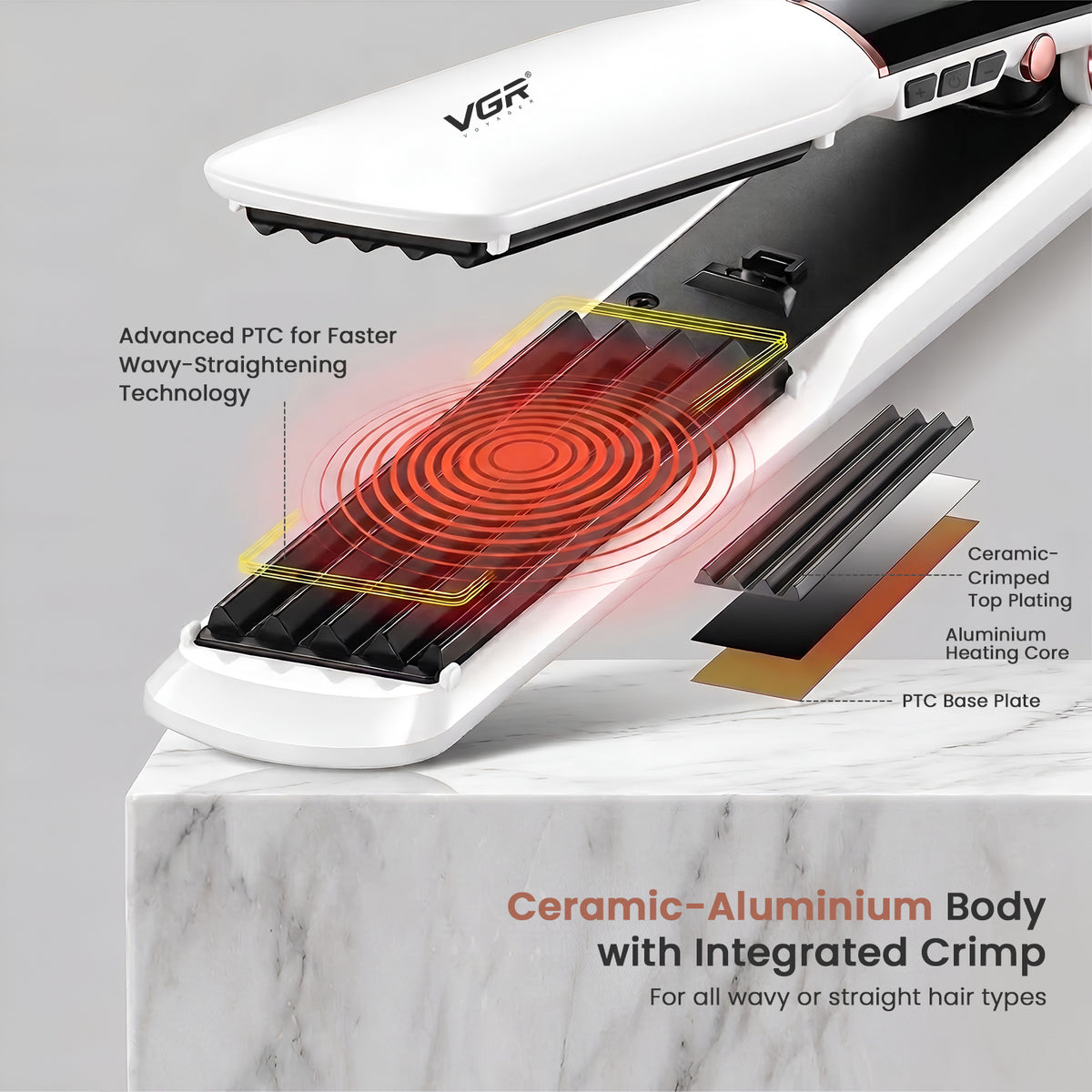 VGR V-519C Professional Hair Crimper For Women with 7 Heat Settings, White