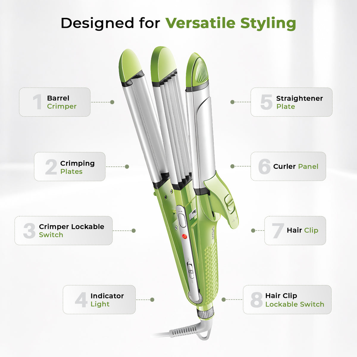 VGR V-569 Professional 4 In 1 Hair Beauty Styler, Straightener, Curler, Crimper, Waver (Green)