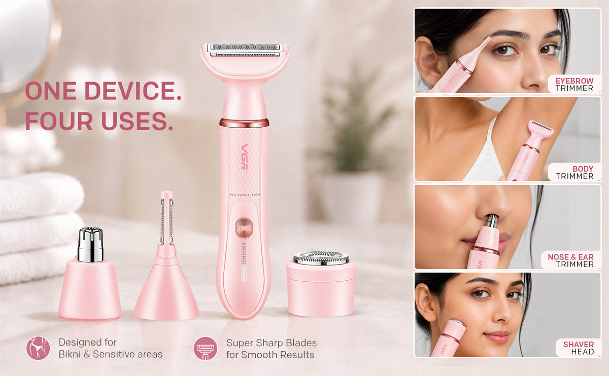 VGR V-761 Professional 4-in-1 Lady Shaver Set For Women, IPX5 Waterproof, 90 Min Runtime, Blue & Pink
