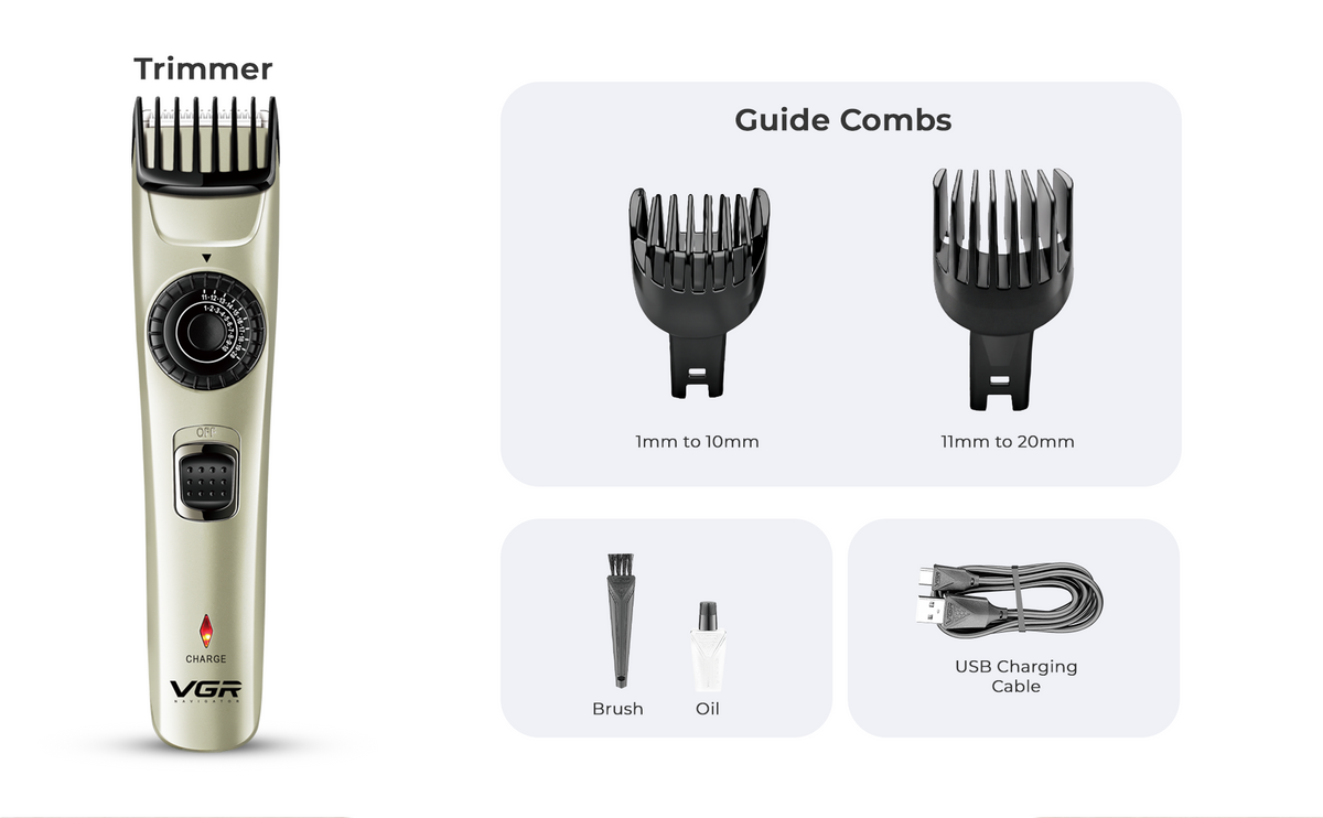 VGR V-031 Professional Hair Trimmer, 39 Length Settings, 90 Min Runtime, Silver