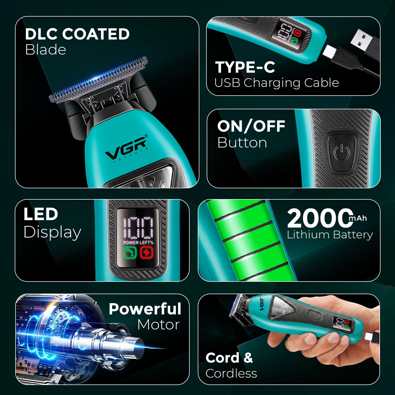 VGR V-035T Professional Hair Trimmer with 9000 RPM Vector Motor