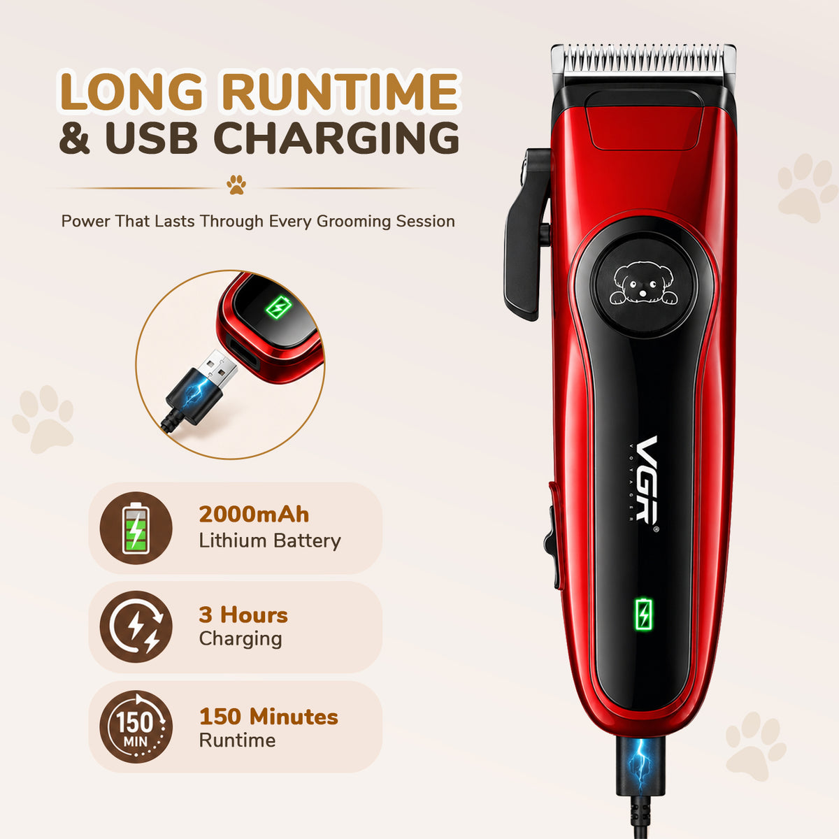 VGR V-202 Professional Pet Clipper with 150 Min Runtime, Red