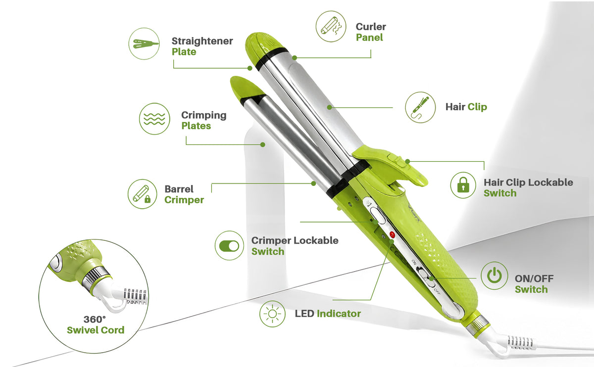 VGR V-569 Professional 4 In 1 Hair Beauty Styler, Straightener, Curler, Crimper, Waver (Green)