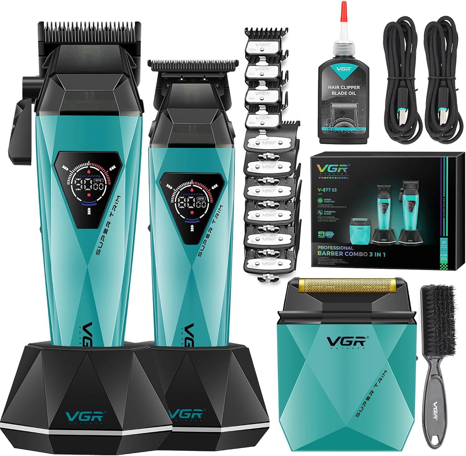 VGR 877S3 3-in-1 Professional Barber Kit with Hair Clipper, Trimmer & Foil Shaver, Blue & Black