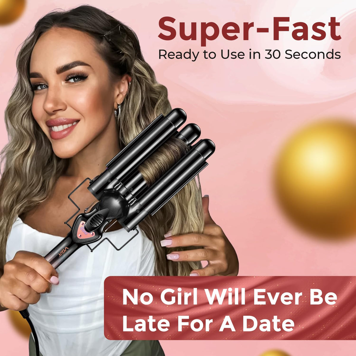 VGR V-590 Professional 3-Barrel Curling Iron with 3-Barrel Ceramic Plates, Rose Gold Black