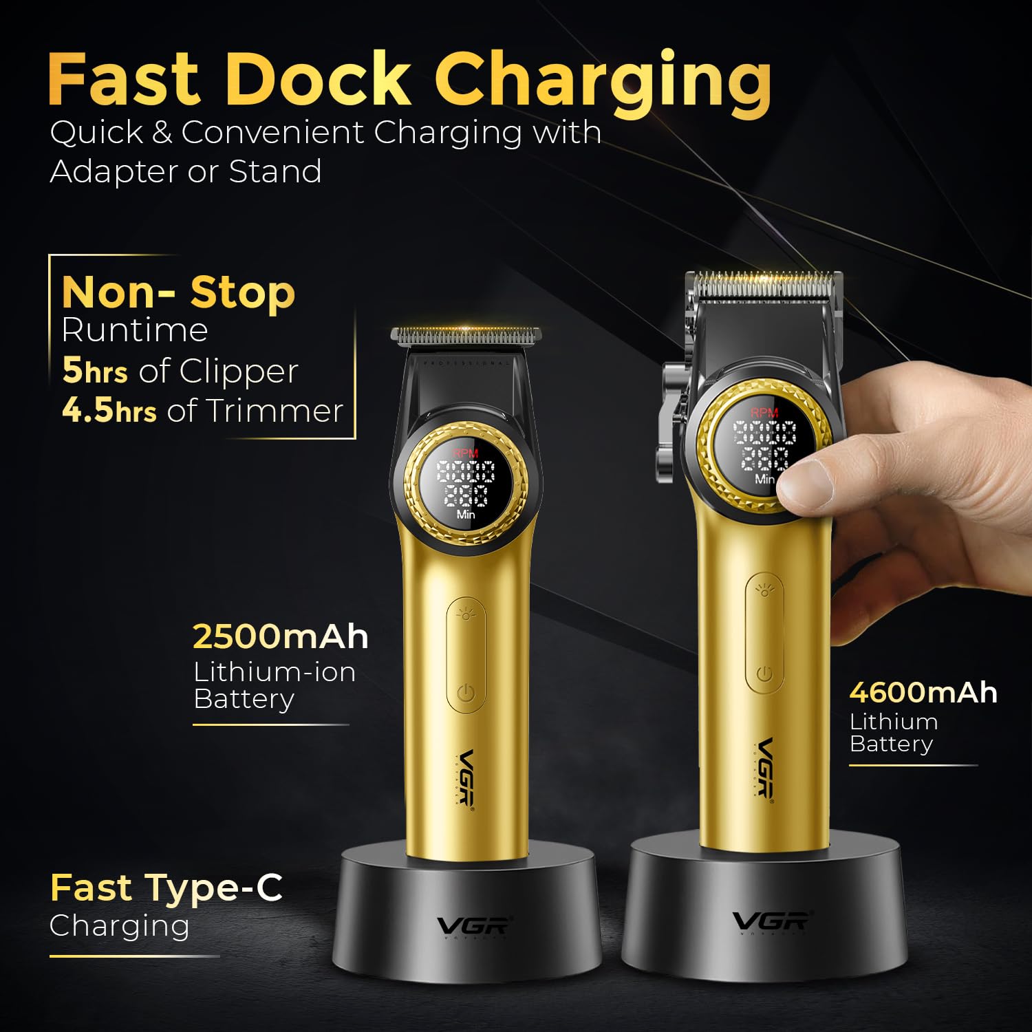 VGR V-001PRO & V-977 Professional Barber Combo For Men, 9000 RPM, 300 Min Runtime, Gold
