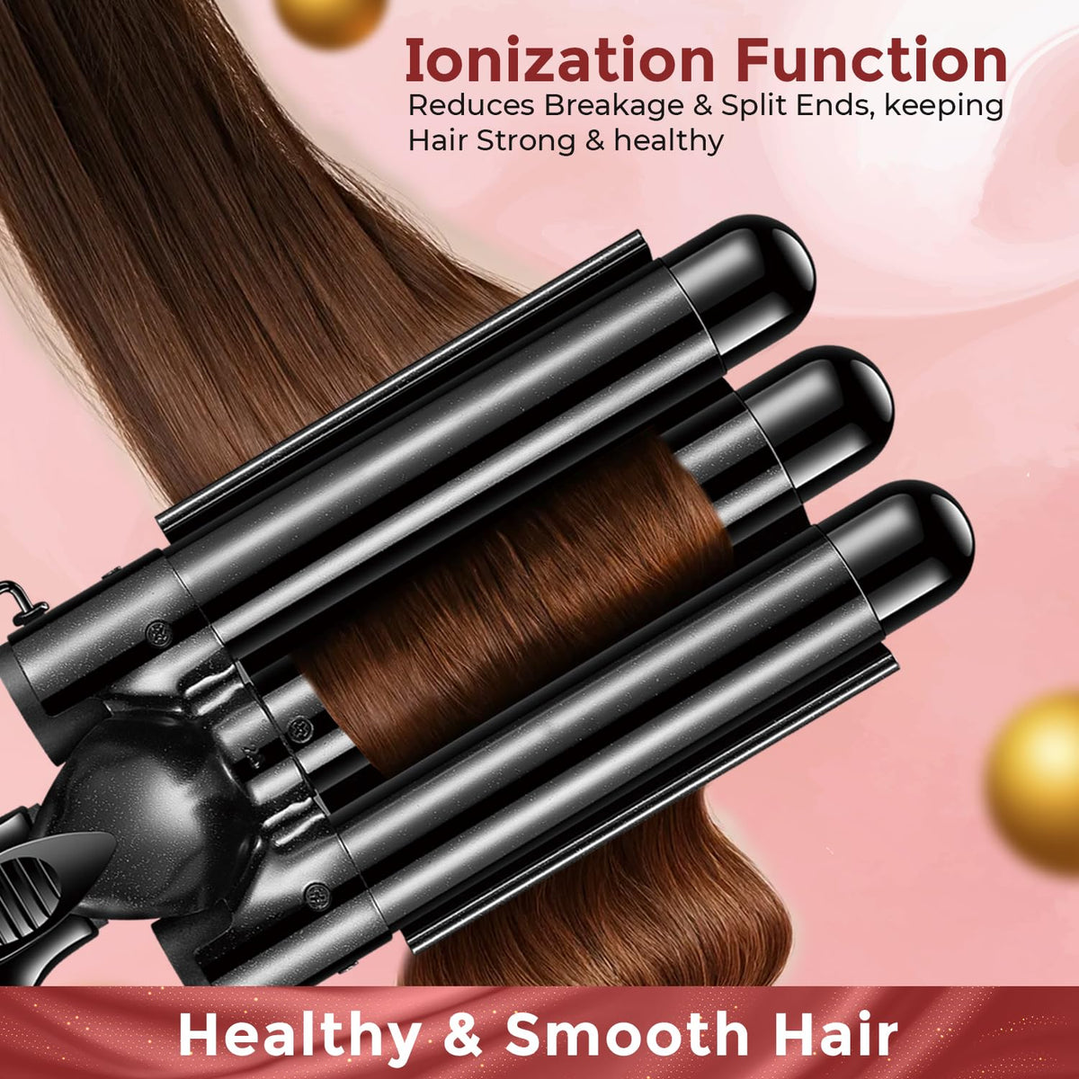 VGR V-590 Professional 3-Barrel Curling Iron with 3-Barrel Ceramic Plates, Rose Gold Black