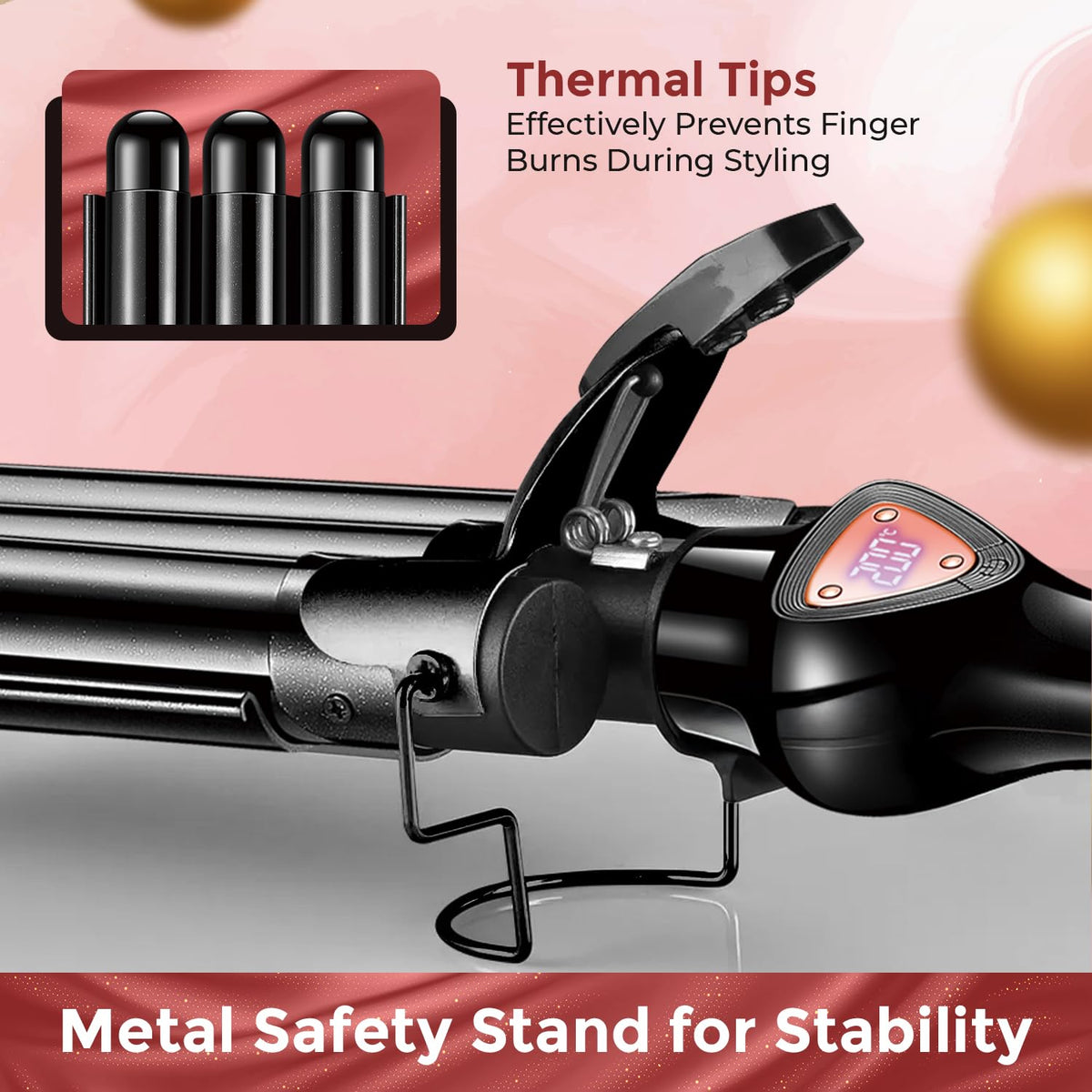 VGR V-590 Professional 3-Barrel Curling Iron with 3-Barrel Ceramic Plates, Rose Gold Black