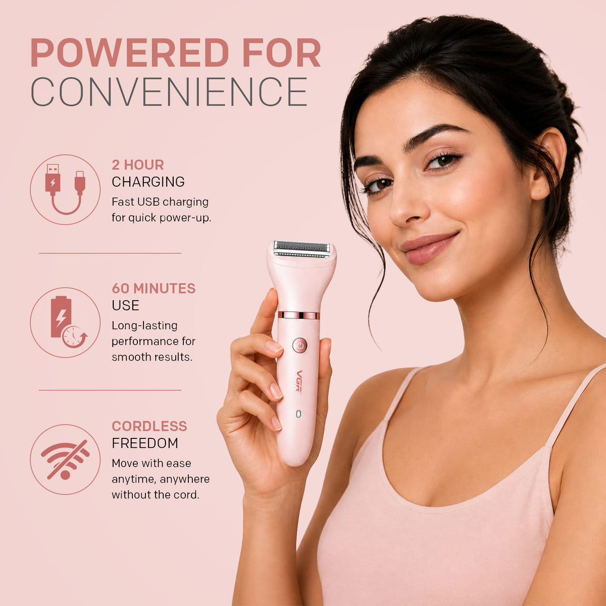 VGR V-735 Professional 3-in-1 Lady Shaver Set | Waterproof Cordless Trimmer for Women (Pink)