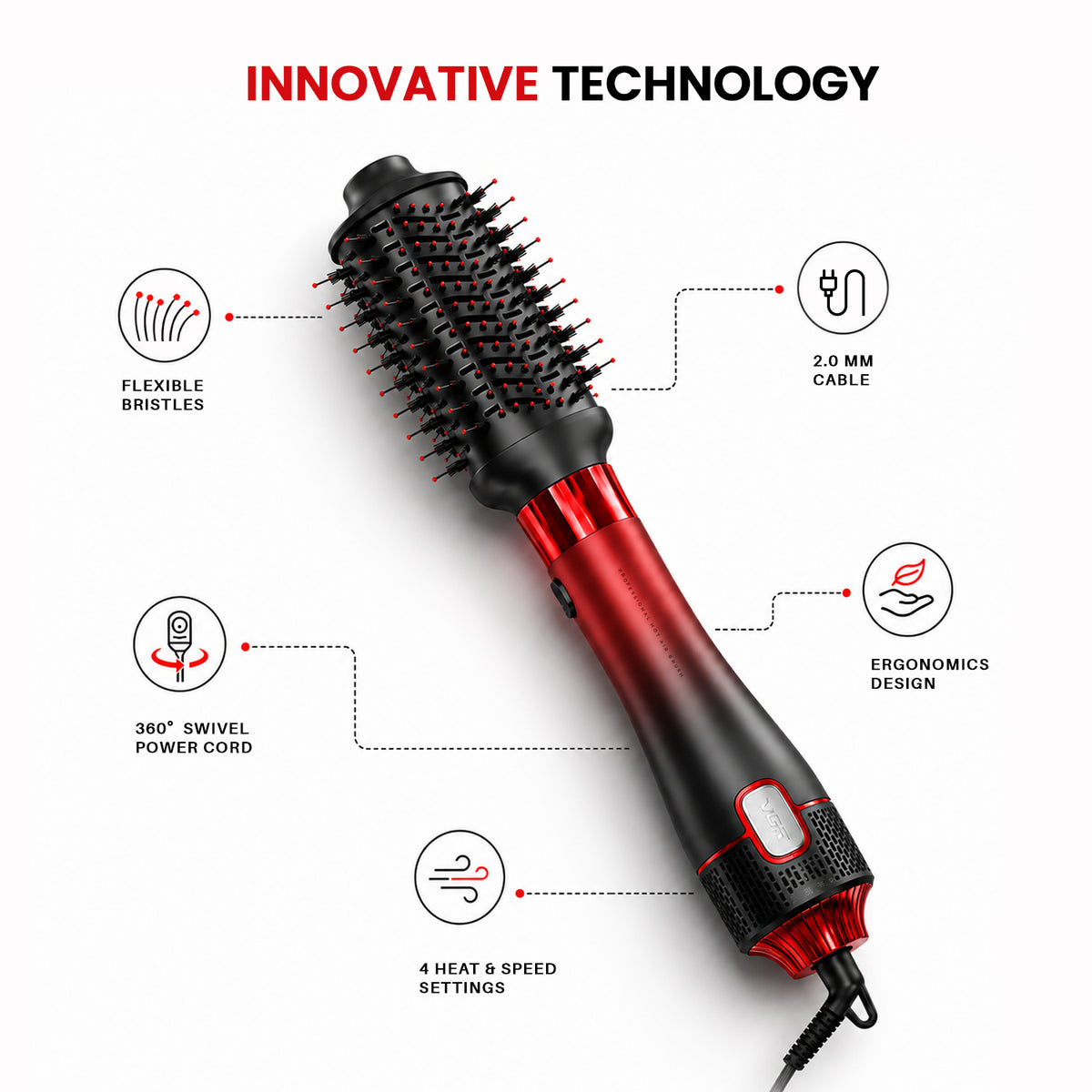 VGR Professional 4-in-1 Hot Air Brush with 20000 RPM and 1000-1100W, Red & Black (V-484)