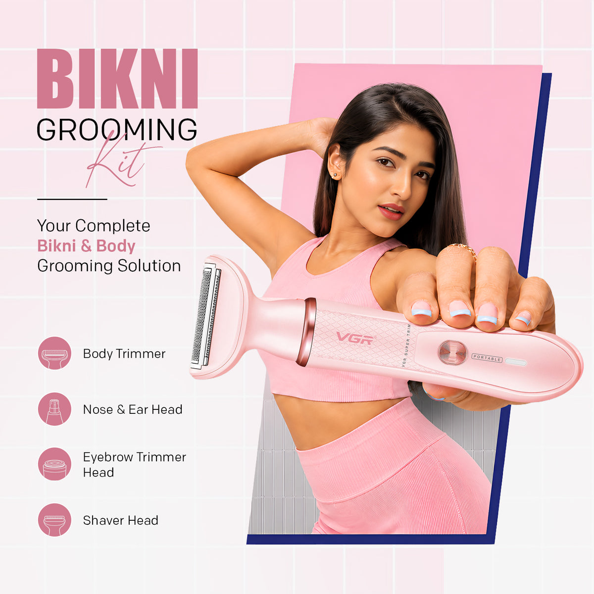 VGR V-761 Professional 4-in-1 Lady Shaver Set For Women, IPX5 Waterproof, 90 Min Runtime, Blue & Pink