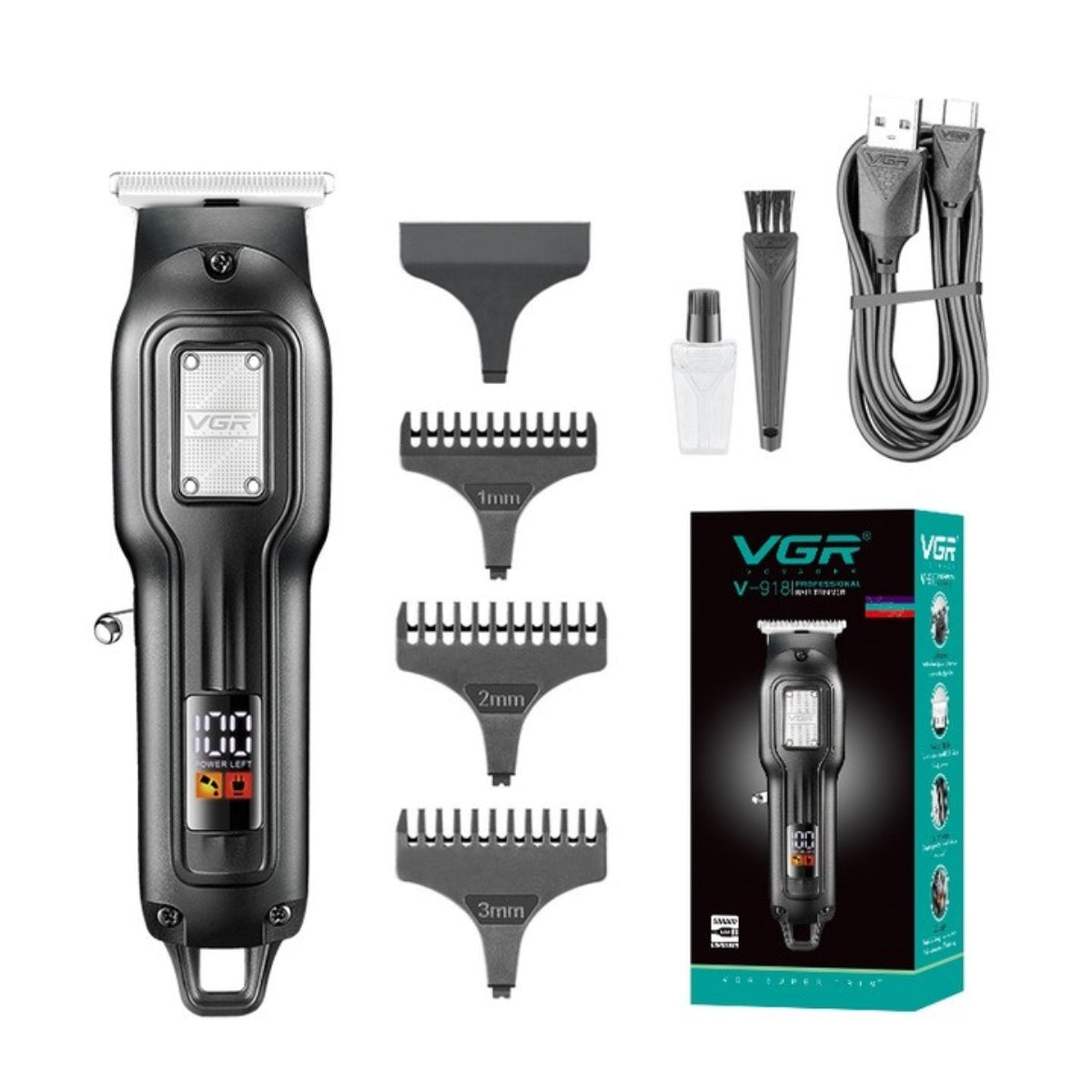 VGR V-918 Professional Hair Trimmer with Precision T-Blade, LED Display, and 100-Minute Runtime, Black