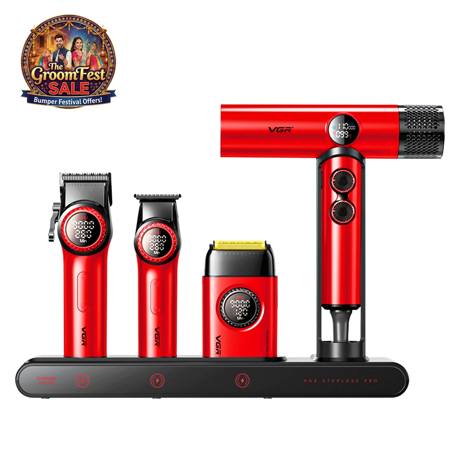 VGR Mr. SUPER POWER Stepless Pro 4-in-1 Barber Series Combo Kit for Salon, Red