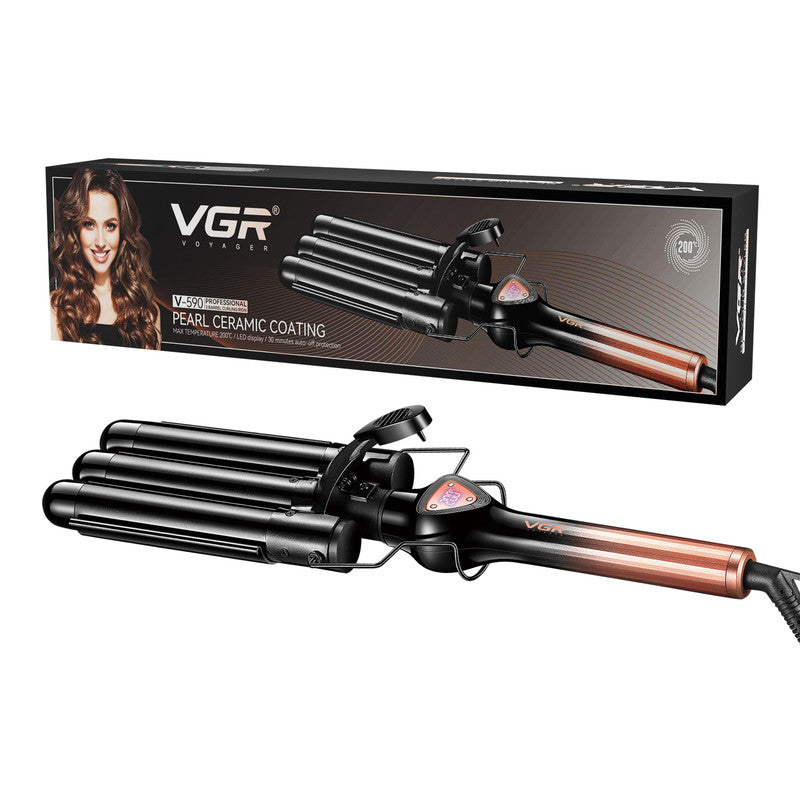 VGR V-590 Professional 3-Barrel Curling Iron with 3-Barrel Ceramic Plates, Rose Gold Black