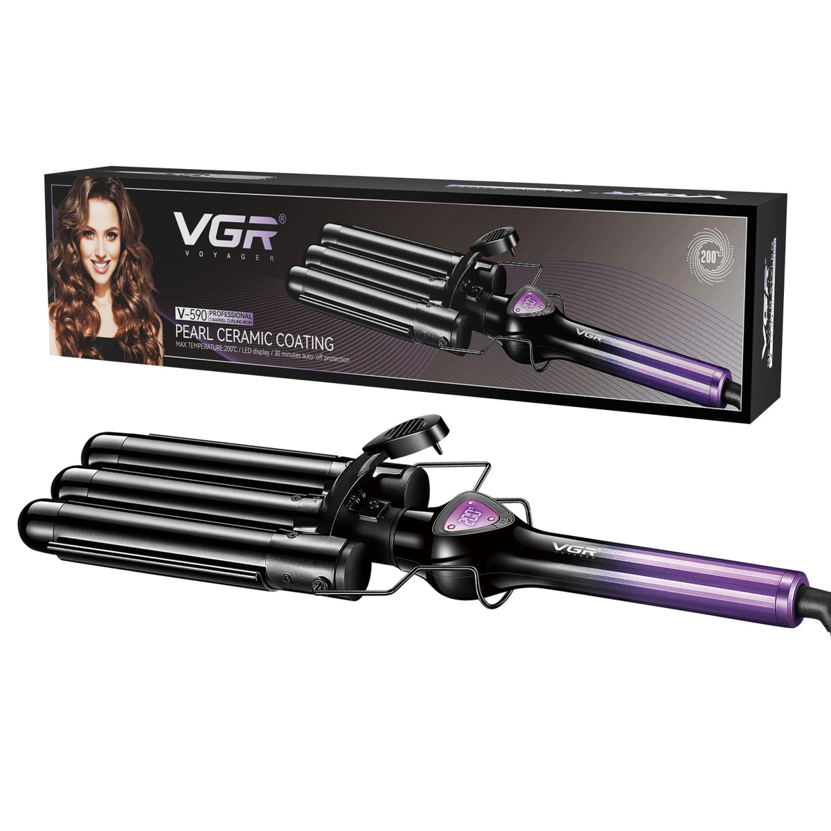 VGR V-590 Professional 3-Barrel Curling Iron with 3-Barrel Ceramic Plates, Purple & Black