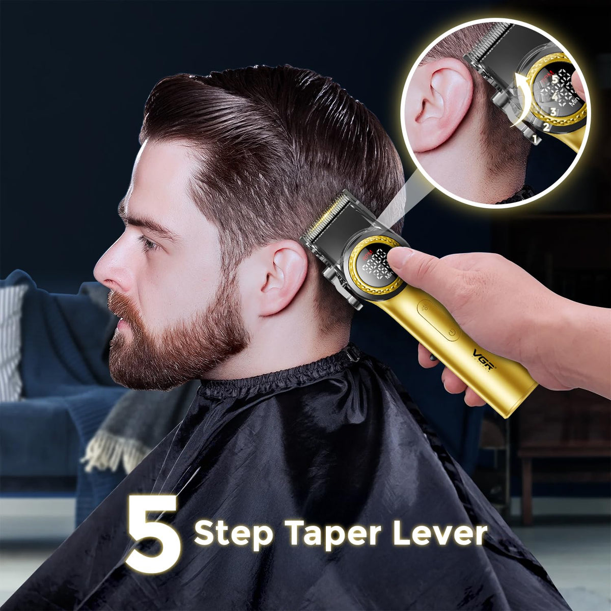 A man gets a haircut while holding a gold and black VEVOR electric clipper, with a circular inset showing a close-up of the clipper head and the text '5 Step Taper Lever' on a dark background.