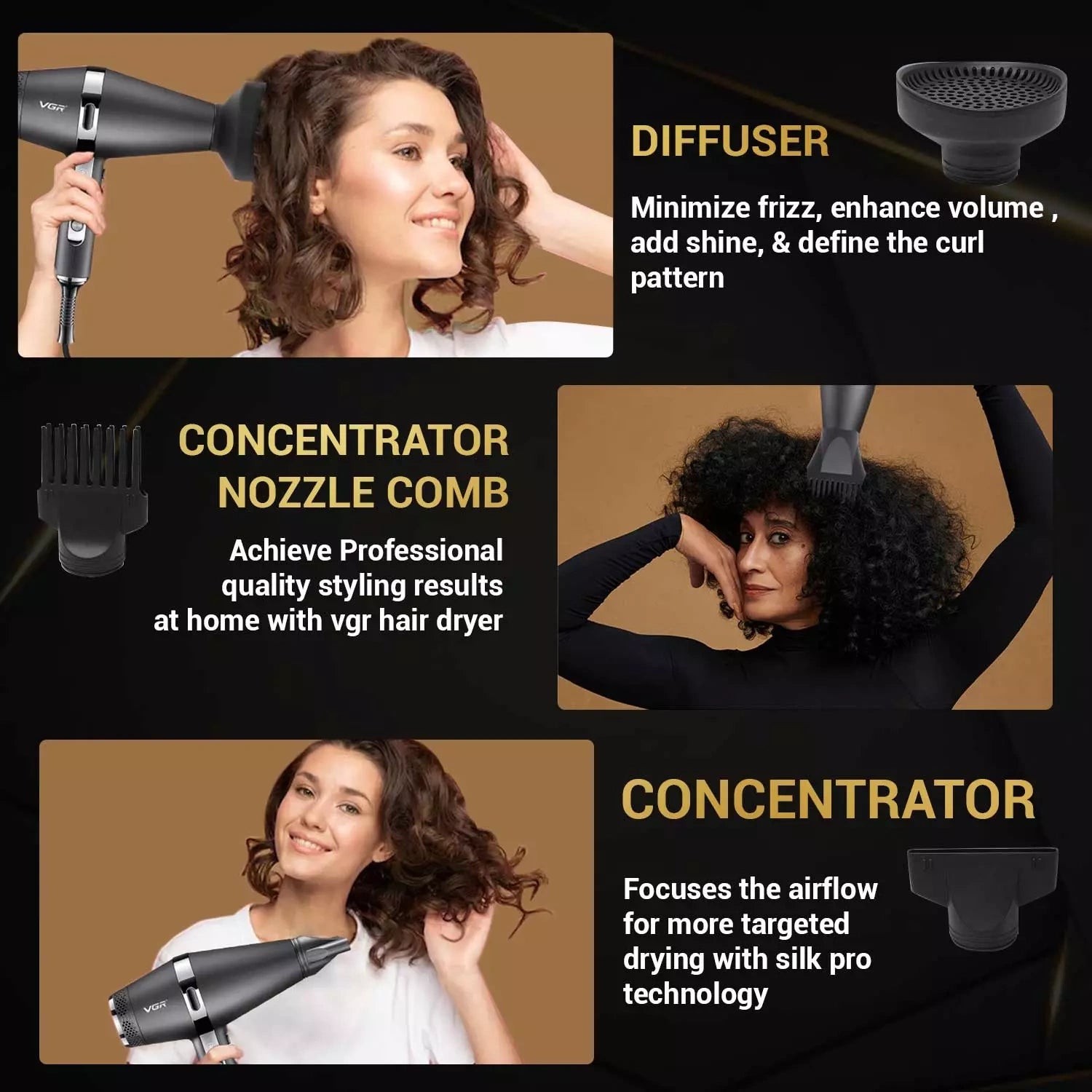 VGR V-451 Hair Dryer For Unisex, Black