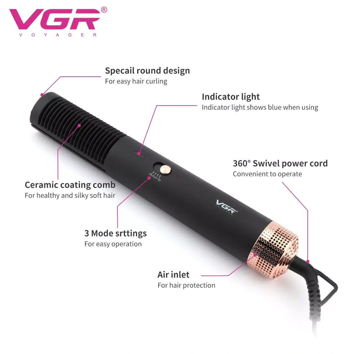 VGR V-490 Hot Air Brush For Women, Black